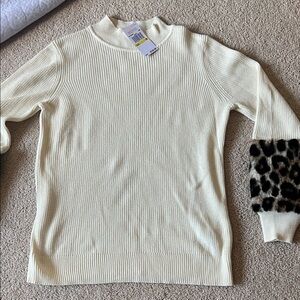 Michael Kors Cream Ribbed Mock Neck Sweater with Leopard Faux-Fur Cuff